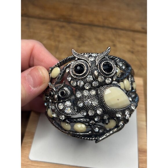 Vintage Silver-Tone Owl Cuff Bracelet With Rhinestones & Ivory Accents - Stateme - Picture 13 of 13